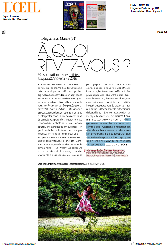 UN TEMPS DE REVE, publication in the mag L'OEIL